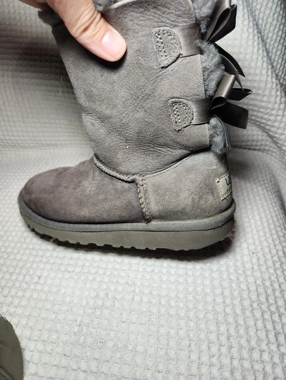 UGG Gray Bow Back Shearling Boots Flawed